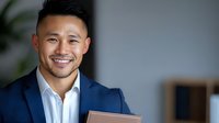 Young Asian businessman in navy suit holding digital tablet, displaying confident smile in modern office setting with blurred background.