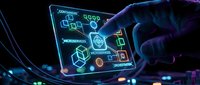 Futuristic holographic interface with glowing digital icons and data visualization being operated by hand in cyberpunk style technology concept.
