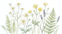 Watercolor wildflowers and ferns botanical illustration with delicate yellow blooms, lavender sprigs and green foliage on white background for natural design.