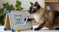 Siamese cat with dark points drawing on whiteboard easel with markers, playful pet interaction with artwork creation indoors.