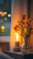 Cozy evening atmosphere with orange daisies in glass vase next to vintage Edison bulb lamp creating warm ambient lighting, bokeh background on windowsill.