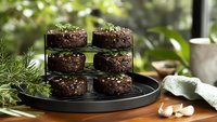 Dark chocolate raw vegan desserts with nuts and seeds on black cooling rack, fresh herbs and garlic on wooden table, natural light through window.