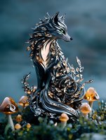Mystical silver fox spirit with ornate floral patterns sits among glowing mushrooms on dark background, fantasy art style creature with flowing metallic details.