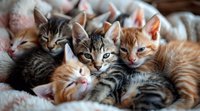 Adorable sleepy kittens cuddling together on soft blanket, mix of tabby and ginger cats showing different expressions from alert to drowsy, cozy pet portrait.