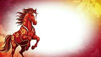 Red horse with golden floral patterns rearing on ornate background with decorative swirls and warm gradient colors for Chinese New Year celebrations.