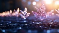 Glowing maple leaf shape created with light dots and lines on dark background with bokeh effect, futuristic nature concept with digital art elements.