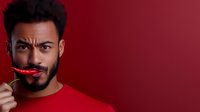 Young African American man with beard wearing red sweater applies bright red lipstick while looking at camera with playful expression against burgundy background.