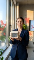 Caucasian female real estate agent in dark business blazer holding architectural house model in modern office with percentage growth symbols on window glass, representing property investment and market growth.