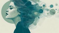 Young woman profile silhouette with flowing hair dissolving into abstract teal watercolor circles and splashes on light background for creative design.