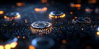 Glowing mechanical gears with orange light reflections on dark textured surface create futuristic industrial composition with bokeh effect and shallow depth of field.