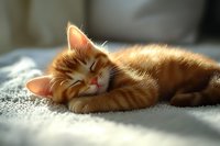 Adorable orange tabby kitten sleeping peacefully on soft blanket in warm sunlight, perfect for pet care and animal wellness content.