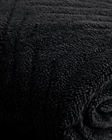 Close-up macro shot of black textured fabric surface showing detailed weave pattern and natural folds, creating an abstract minimalist composition with deep shadows.