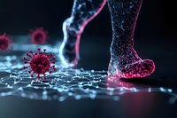 Glowing pink virus particle near digital footprint on network grid surface with neon light effects and smoke trails in dark atmospheric background.