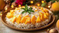 Fresh mango slices arranged on white coconut rice dessert garnished with mint leaf and powdered sugar against festive holiday lights background.