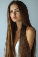 Young woman with long straight brown hair and natural makeup posing against light background in white top, beauty portrait with soft lighting and natural look.