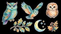 Cute owl sticker set with flying owl, perched owls, crescent moon, oak branch with acorn, and autumn berries, isolated on transparent background for clipart and t-shirt design.