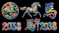 Chinese zodiac horse year 2038 clipart set, isolated on transparent background. Colorful decorative elements for stickers, sublimation, t-shirt design, and print on demand.