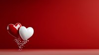 Red and white heart shapes with sparkles floating on deep red background, romantic design element for Valentine's Day cards and love-themed projects.