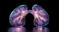 Glowing cosmic lungs with pink and blue nebula patterns against black background, reflecting medical and space concepts for healthcare visualization.