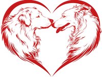 Red silhouette of two dogs forming heart shape, romantic pet love concept. Isolated design element for Valentine cards, wedding invitations and pet care logos.