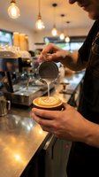 Barista pouring steamed milk into espresso cup creating latte art in modern cafe with warm pendant lighting and professional coffee equipment.