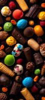Colorful assortment of ice cream scoops, chocolate pieces, waffle cones, and candy on dark background. Perfect for dessert, food, and confectionery design projects.