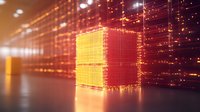 Glowing orange cubic structure with light particles and streaming data visualization in digital space, representing quantum computing and blockchain technology.