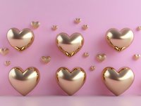 Metallic rose gold hearts arranged in pattern on pink background with smaller glitter hearts floating above, romantic minimal composition for Valentine designs.