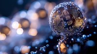 Golden cryptocurrency coin with bitcoin symbol on dark background with bokeh lights and reflective surface creating magical atmosphere for finance concept.