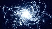 Abstract energy burst with glowing particles and flowing light trails on dark blue background for science technology and digital art projects.