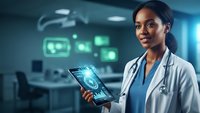Young African American female doctor holding digital tablet with medical interface in modern hospital technology room for healthcare innovation presentations.