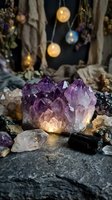 Glowing amethyst crystal cluster surrounded by quartz and black tourmaline on stone, with warm fairy lights in a mystical boho setting.