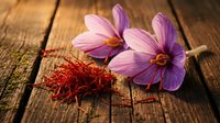 Purple saffron crocus flowers with red stigma threads on rustic wooden background. Culinary spice ingredient for gourmet cooking and traditional recipes.