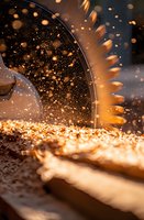 Dramatic close-up of circular saw blade cutting through metal with bright orange sparks and metal particles flying in dark background, industrial process.