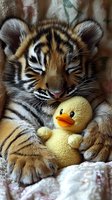 Adorable tiger cub sleeping peacefully while cuddling yellow rubber duck toy. Sweet wildlife baby animal resting with bath toy creates heartwarming scene.