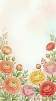Watercolor ranunculus flowers frame with soft pastel background and gold dots for wedding invitations, greeting cards and feminine design projects.