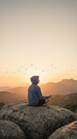 Young man in hoodie meditating on mountain rock at sunset with birds flying overhead in peaceful landscape for mindfulness and wellness concepts.