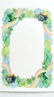 Watercolor St Patrick's Day frame with leprechaun hats, shamrocks, rainbows and gold pots on white background for greeting cards and festive designs.