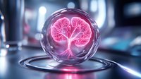 Glowing pink neural network in shape of tree enclosed in glass sphere, futuristic medical concept with bokeh background and reflective surface.
