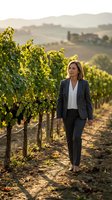 Professional middle-aged Caucasian businesswoman walking through vineyard rows at golden hour, wearing elegant dark suit for wine industry marketing.