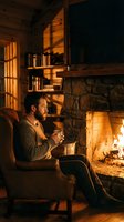 Bearded man relaxing in leather armchair by fireplace with hot drink in cozy cabin library during evening creating warm atmospheric home comfort scene.