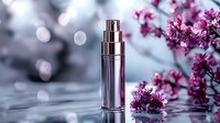 Luxury cosmetic spray bottle with purple spring blossoms on reflective surface against soft bokeh background, elegant skincare product photography.