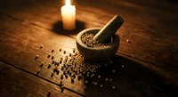 Mortar and pestle with coriander seeds on rustic wooden table by candlelight, traditional spice grinding tools for cooking and herbal medicine preparation.