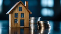 Wooden house model next to stacked coins on reflective surface against dark background, representing real estate investment and property finance concept.