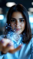 Young woman with dark hair holding glowing blue magical particles and sparkles, smiling confidently against blurred background. Futuristic concept for technology and innovation.
