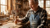 Senior male craftsman working with wood in workshop, wearing denim apron and plaid shirt, carving wooden piece at workbench with tools and shavings.