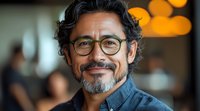Confident mature Hispanic businessman with glasses and salt-pepper hair smiling warmly at camera. Professional portrait with soft bokeh background.