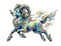 Ornate ram with flowing mane in blue, gold, and teal tones, isolated on transparent background. Ready for t-shirt design, clipart, stickers, sublimation, and print-on-demand products.