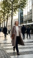 Confident mature Caucasian businesswoman walking through modern city street in elegant beige trench coat during golden hour with urban professionals in background.