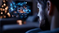 Man with beard viewing holographic house projection on digital screen for smart home technology and real estate applications.